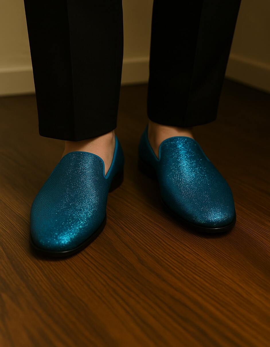Men's Turquoise Blue Sequin Glitter Loafers – Sparkling Slip-On Party Dress Shoes for Prom, Weddings, and Nightlife