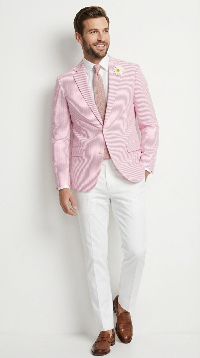 Men's Pink Seersucker Blazer – Lightweight Striped Summer Sport Coat Casual Smart Formal Jacket