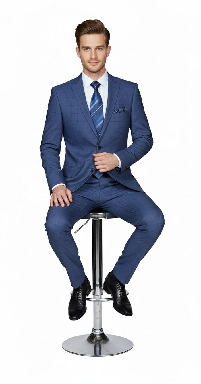 Mens Indigo Navy Blue Windowpane Check Suit  Classic 2-Piece Formal Business and Wedding Wear Set in Cobalt Blue