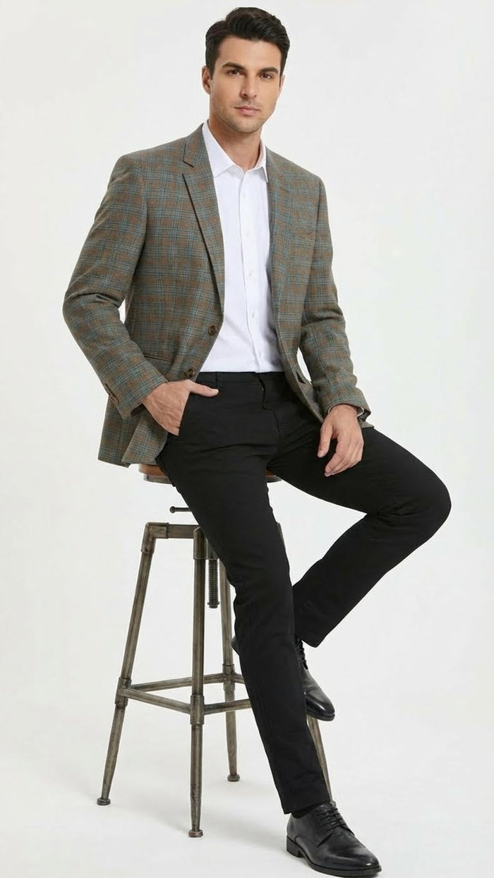 Mens Green Brown and Teal Plaid Sport Coat  Tailored Fit Check Blazer Jacket - Tartan Sportcoat