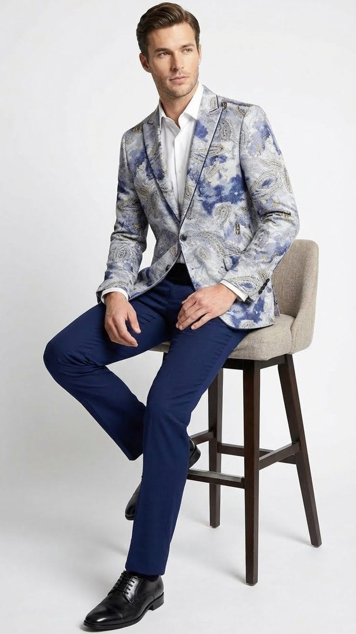 Mens Navy Blue and Gray Paisley Print Blazer Prom Jacket for Formal, Party, and Evening Wear