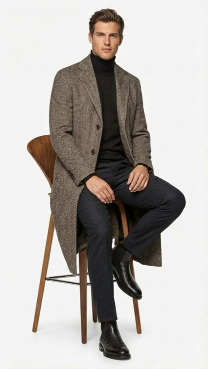 Mens Black & Grey  Herringbone Tweed Wool Blend Overcoat  Classic Single-Breasted Winter Blazer Carcoat