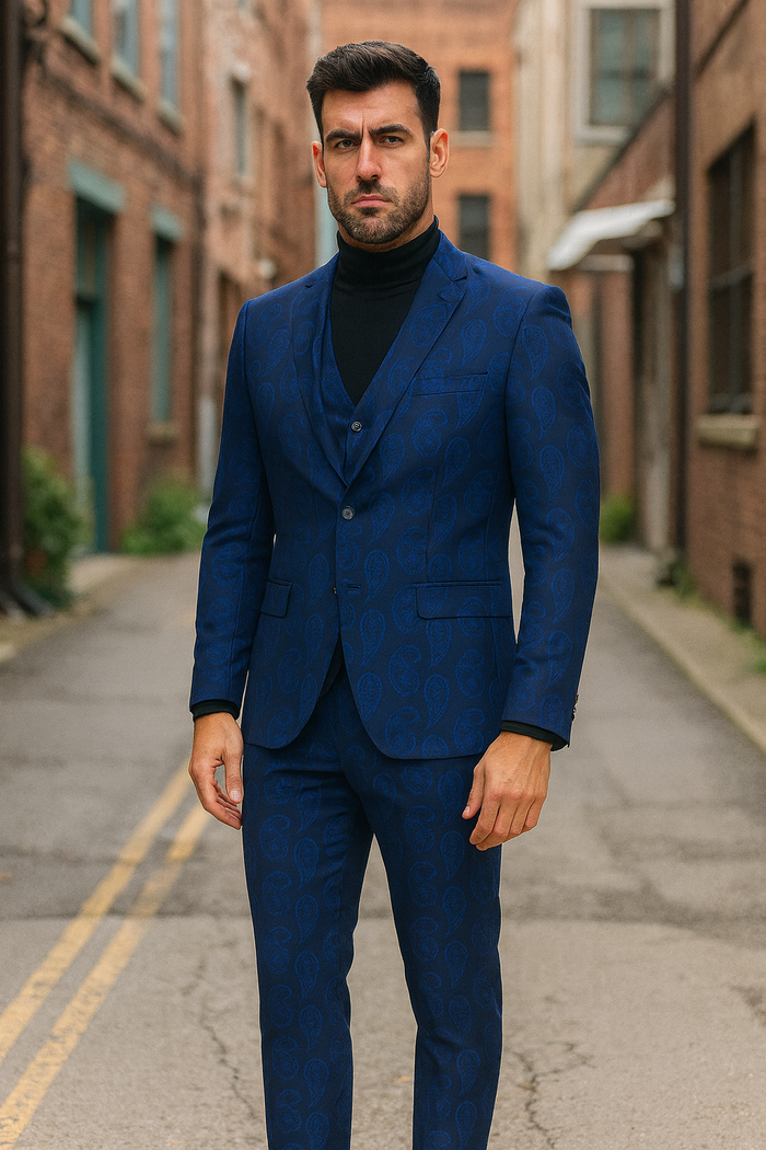 Mens Sapphire Blue Paisley 3-Piece Suit  Slim Fit Designer Tuxedo Set for Weddings and Formal Events in Cobalt Blue Color