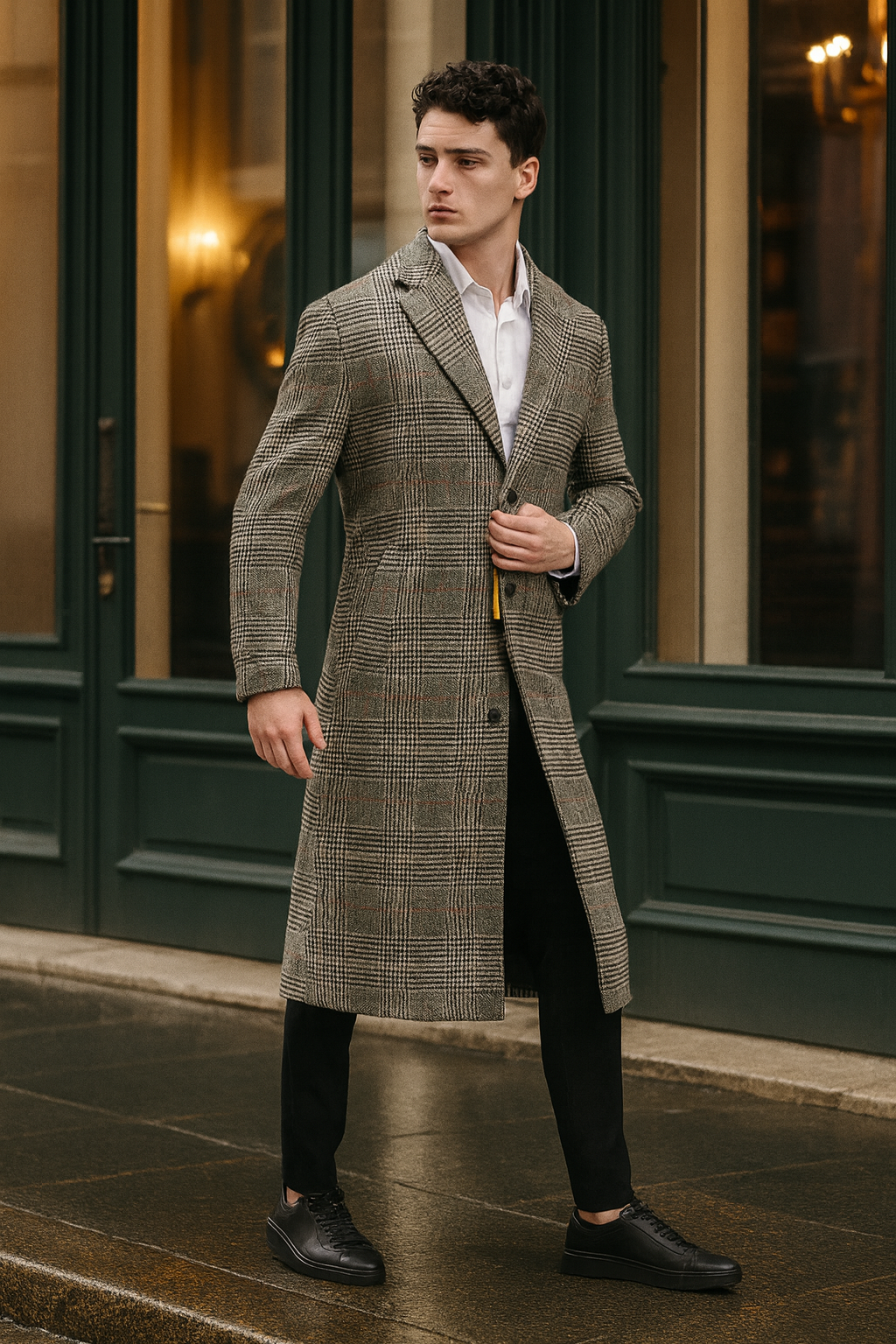 Mens Full length  Long Plaid Overcoat  Classic Checkered Wool Blend Winter Coat in Gray Color Checkered