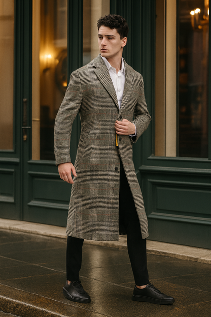 Mens Full length  Long Plaid Overcoat  Classic Checkered Wool Blend Winter Coat in Gray Color Checkered