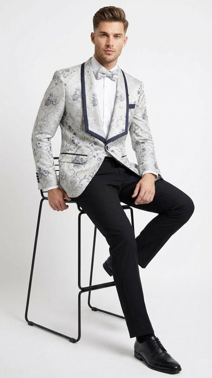 Mens White and Navy Blue Lapel  Floral Jacquard Blazer with Contrast Shawl Lapel  Luxury Wedding and Party Wear Jacket paisley Tuxedo Navy Pants