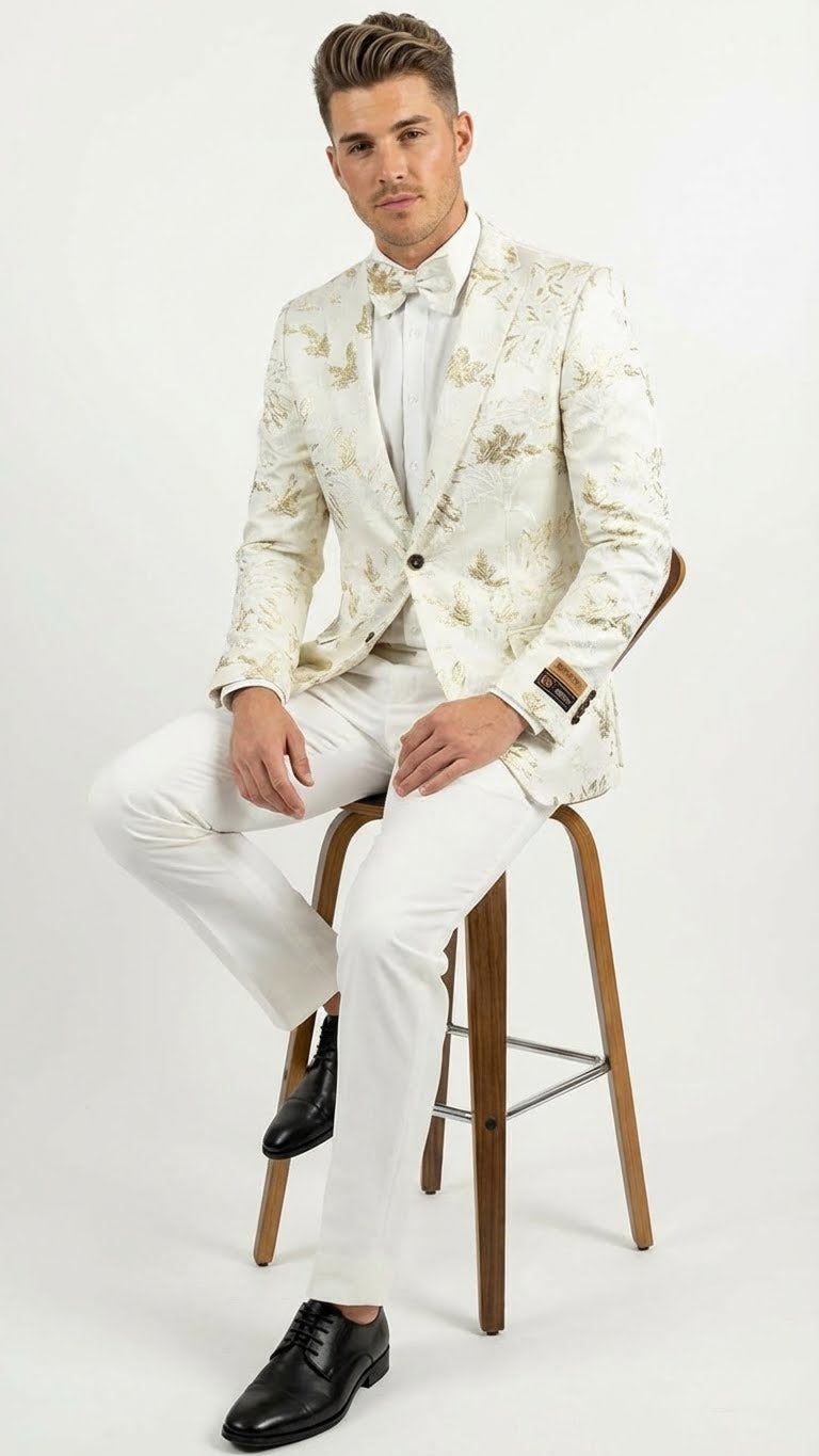 Men’s White and Gold Patterned Blazer – Paisley Floral Pattern Prom Wedding Suit Tuxedo Dinner Jacket + Bowtie