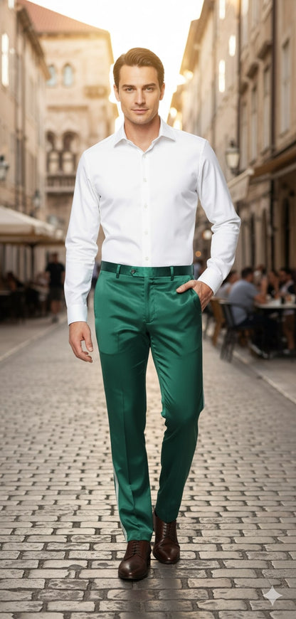 Mens Emerald Green Satin Slim Fit Dress Pants  Shiny Formal Party and Wedding Trousers