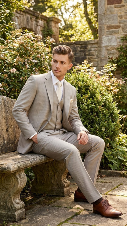 Mens Light Tan Pinstripe 3 Piece Suit with Jacket, Vest, and Pants | Shadow Stripe Tone Tone Pleated Pants Classic