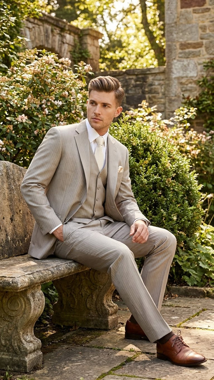 Mens Light Tan Pinstripe 3 Piece Suit with Jacket, Vest, and Pants | Shadow Stripe Tone Tone Pleated Pants Classic