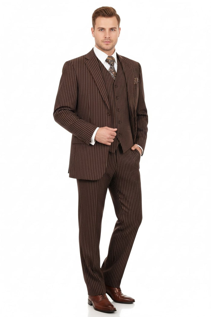 Mens Brown Pinstripe 3-Piece Suits  Classic Business and Formal Wear with Vest