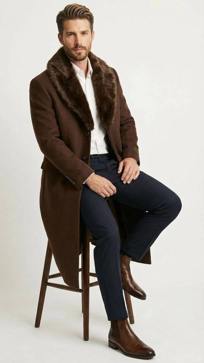 Mens Brown Long Overcoat with Faux Fur Collar  Classic Winter Formal Coat Three Quarter Carcoat Wool and Cashmere Fabric