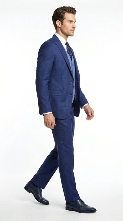 Vitali Men’s Navy Blue 3 Piece Suit with Light Blue Vest, Textured Formal Dress Suit for Weddings, Prom, Business Events, and Parties