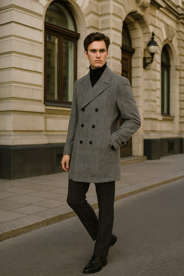 Mens Grey Plaid Double-Breasted Overcoat with Black Faux Fur Collar  Classic Winter Peacoat