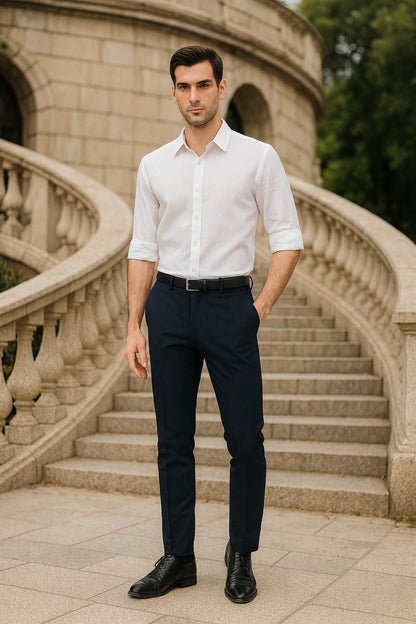 Mens White Linen Button Down Shirt  Long Sleeve Roll-Up Casual Dress Shirt