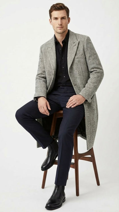 Mens Grey Herringbone Long Overcoat  Tweed Black and White Pattern Wool Topcoat Three Qaurter