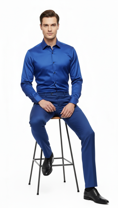 Mens Royal Blue Satin Dress Shirt  Luxury Long Sleeve Formal Shirt for Parties, Weddings, and Business Wear