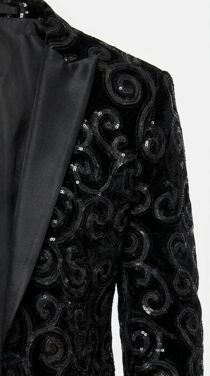 Men’s Black Velvet Sequin Swirl Dinner Jacket – Blazer Paisley Sparkly