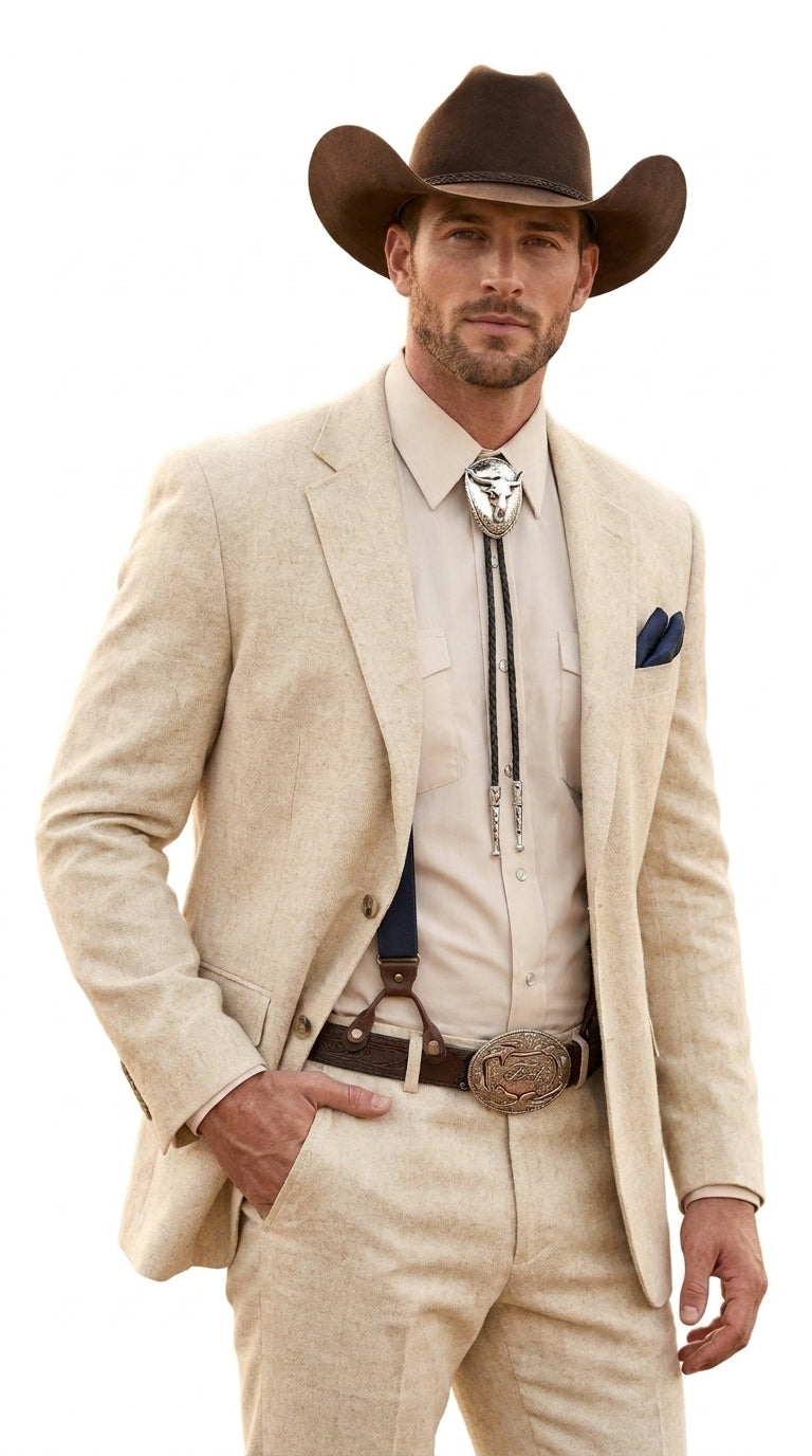 Men’s Natural Sand Linen Western Suit – Cowboy Wedding Jacket & Pants Linen Suit