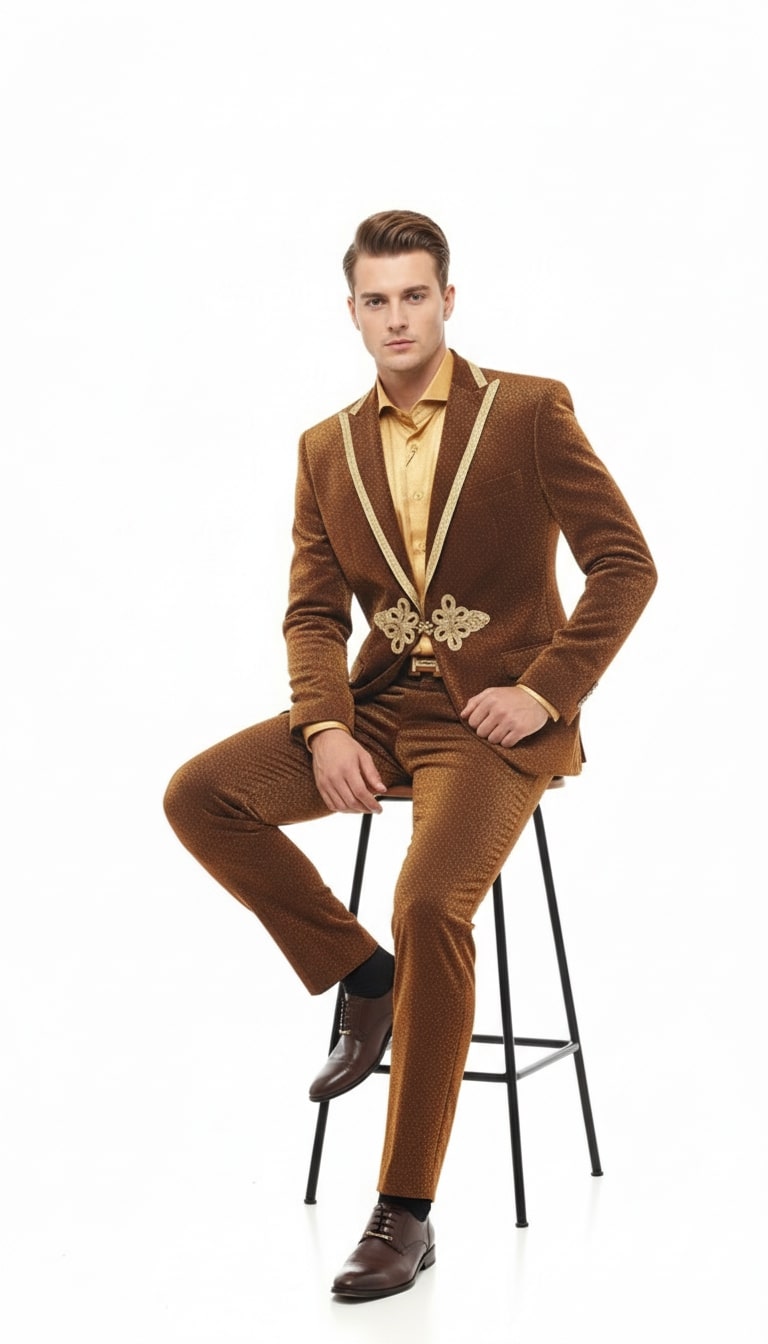 Mens Bronze Shiny Velvet Suit  Designer Party and Wedding Wear Blazer and Pant Set Brown and Gold Tuxedo