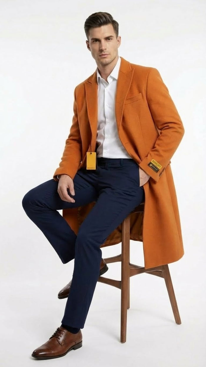 Mens Orange - Rust Wool Blend Long Overcoat  Topcoat Carcoat Topcoat