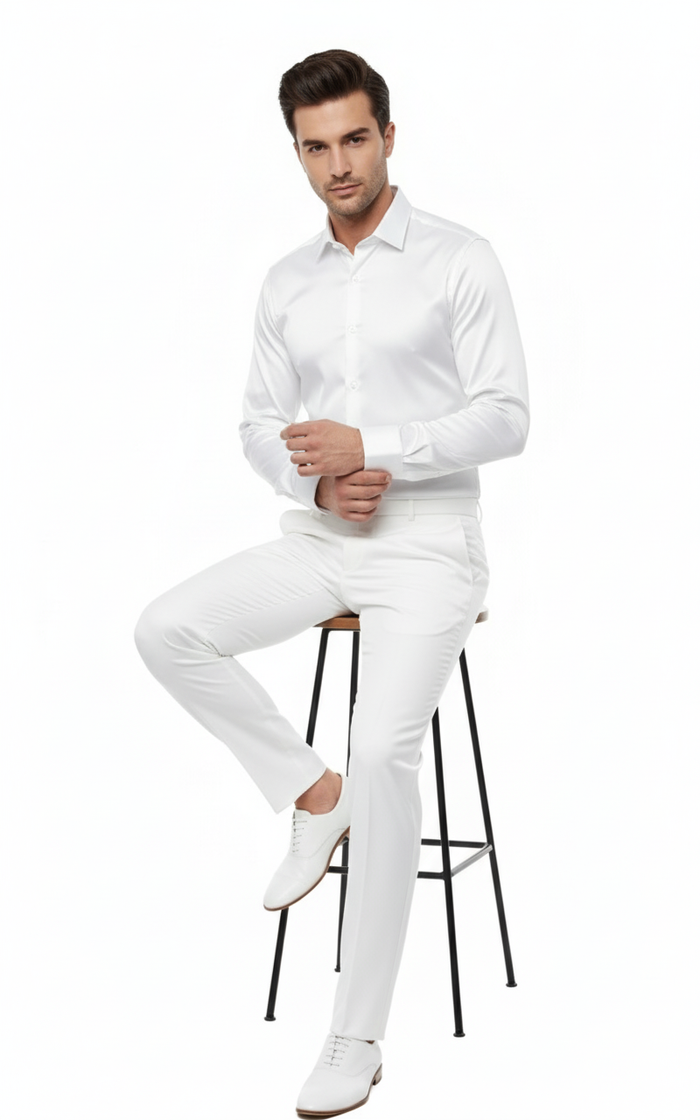 Mens White Satin Dress Shirt  Classic Long Sleeve Formal Shirt for Weddings, Parties, and Business Wear