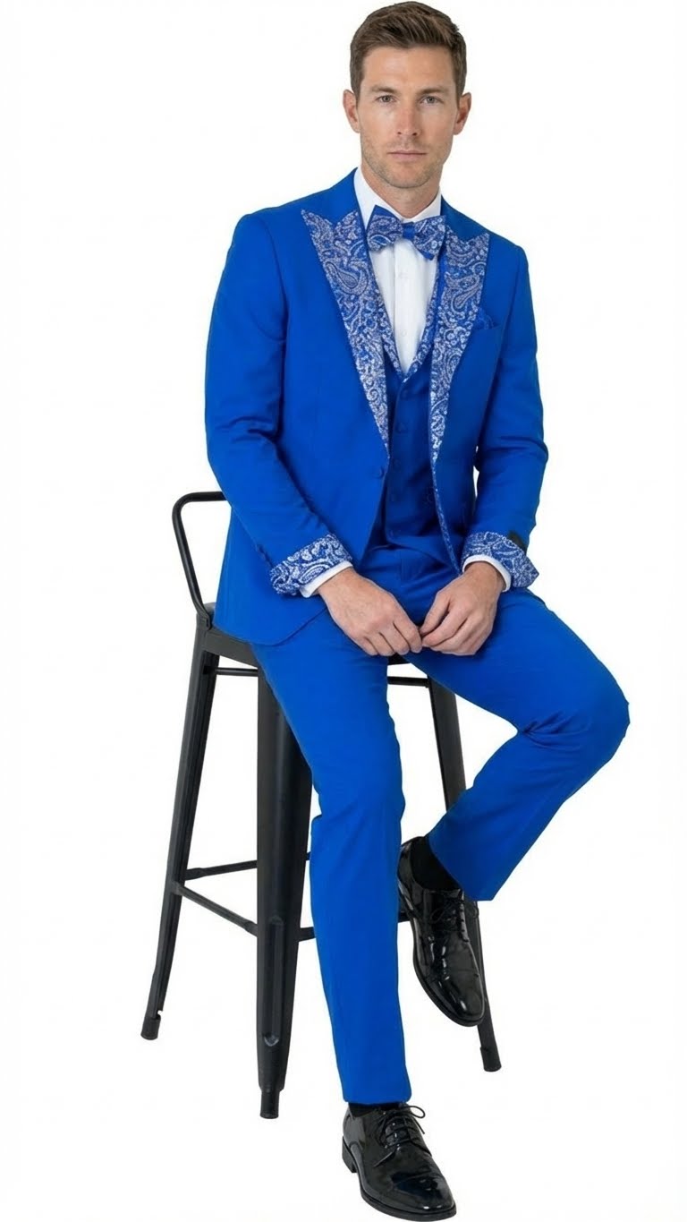 Mens Bright Royal Blue and White lapel  Embellished Tuxedo Suit   3-Piece Formal Wedding, Prom, and Gala Outfit
