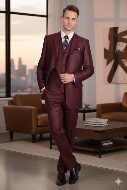 Mens Burgundy 3-Piece Suit  Burgundy Three Buttons Vested Suit - Pleated Pants Classic Fit Athletic Cut