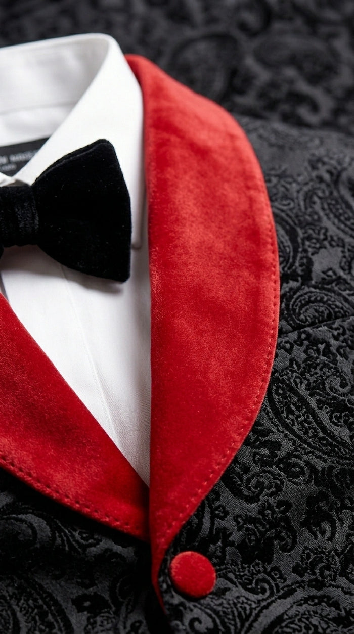 Men’s Black Paisley 2 Piece Suit with Red Shawl Lapel, Formal Wedding Prom Party Suit Set
