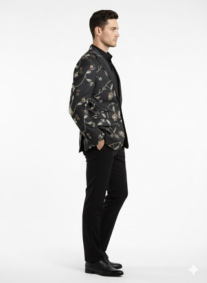 Luxury Black Floral Embroidered Blazer for Men  Designer Party and Wedding Wear Jacket
