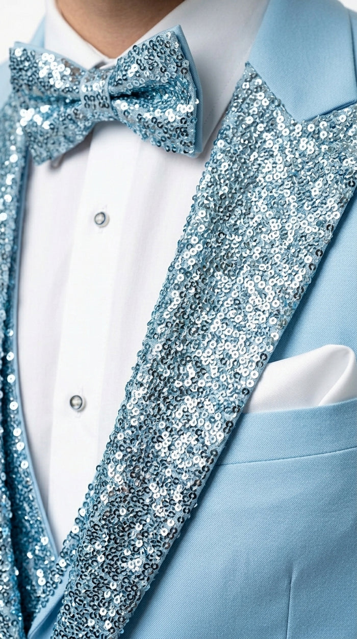 Men’s Baby Blue Prom Tuxedo Suit with Silver Rhinestone Sequin Lapel and Matching Vest