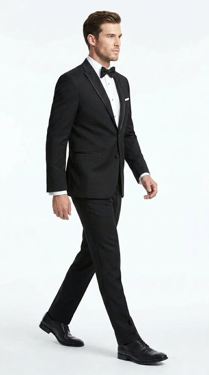 Men’s Black Designer Peak Trim Ashton Tuxedo with Satin Lapel, Formal Wedding Dinner Suit