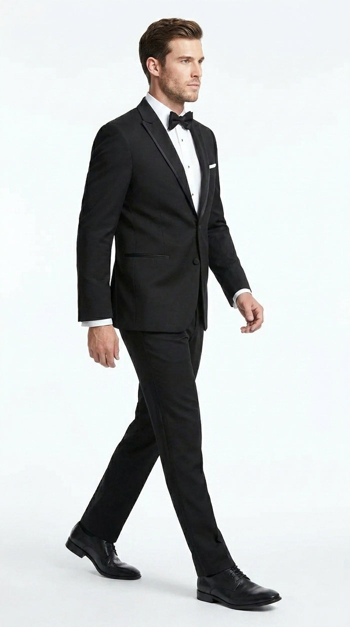 Men’s Black Designer Peak Trim Ashton Tuxedo with Satin Lapel, Formal Wedding Dinner Suit