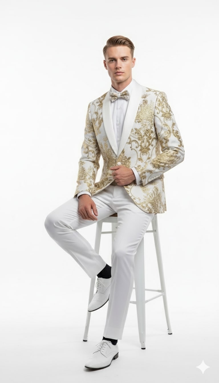 Mens White and Gold Floral Tuxedo Jacket with Satin Lapel  Luxury Prom, Wedding and Formal Dinner Blazer
