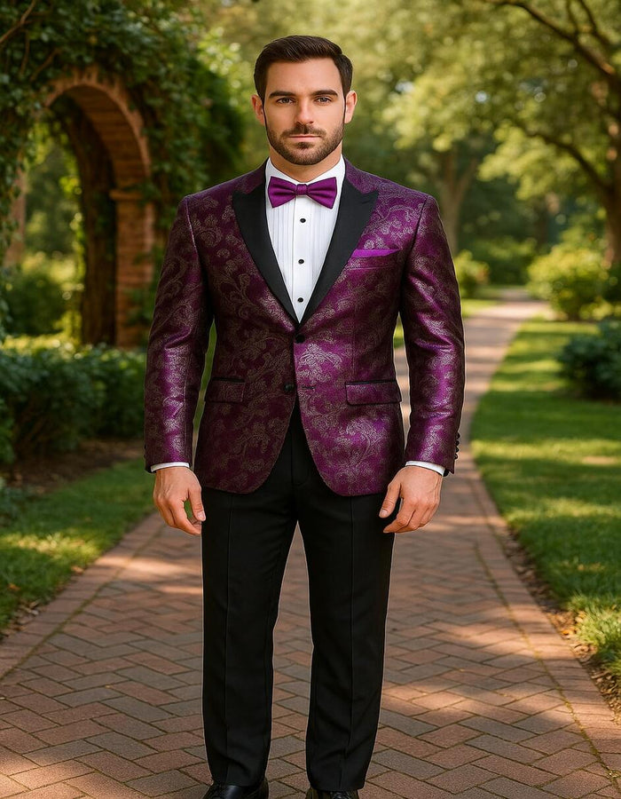 Men's Pinkish ~ Purple Paisley Tuxedo Jacket with Black Satin Lapel  Formal Prom and Wedding Blazer in Meganta Color