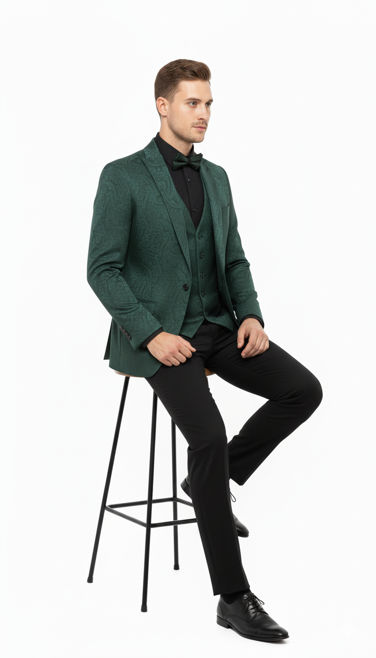 Mens Emerald Green Paisley Tuxedo 3-Piece Suit  Slim Fit Formal Blazer, Vest, and Pants for Weddings, Proms