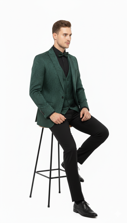 Mens Emerald Green Paisley Tuxedo 3-Piece Suit  Slim Fit Formal Blazer, Vest, and Pants for Weddings, Proms