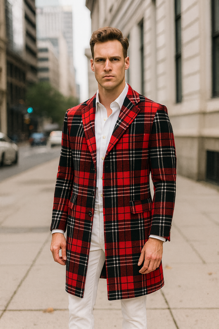 Mens Red Plaid Wool Overcoat  Classic Tartan Check Long Coat for Stylish Winter Wear