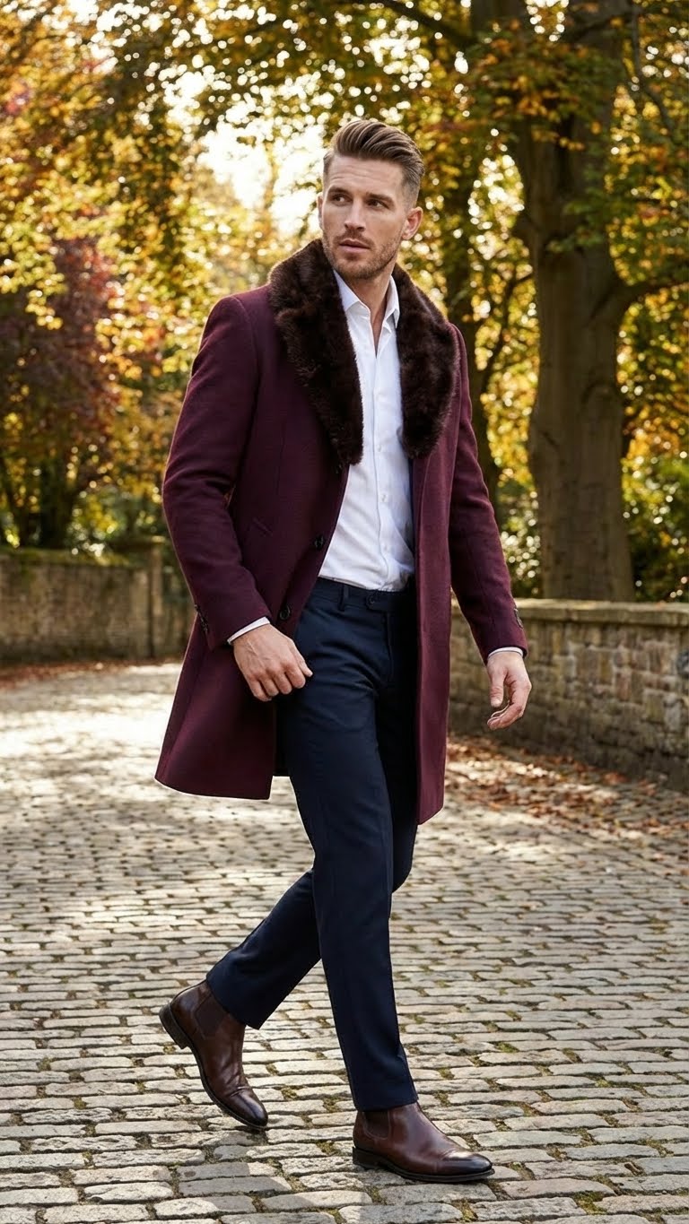 Mens Burgundy Three Quarter Coat with Faux Fur Collar Overcoat  Luxury Winter Outerwear Three Quarter Carcoat Topcoat