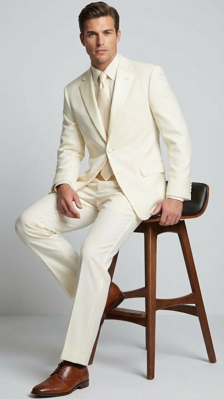 Mens Ivory Tuxedo Suit with Satin Notch Lapel  Formal Wedding and Evening Wear Suit in Cream Off White Color