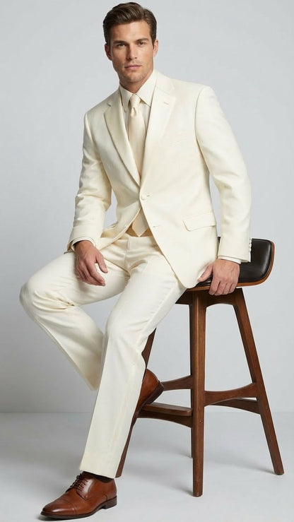 Mens Ivory Tuxedo Suit with Satin Notch Lapel  Formal Wedding and Evening Wear Suit in Cream Off White Color