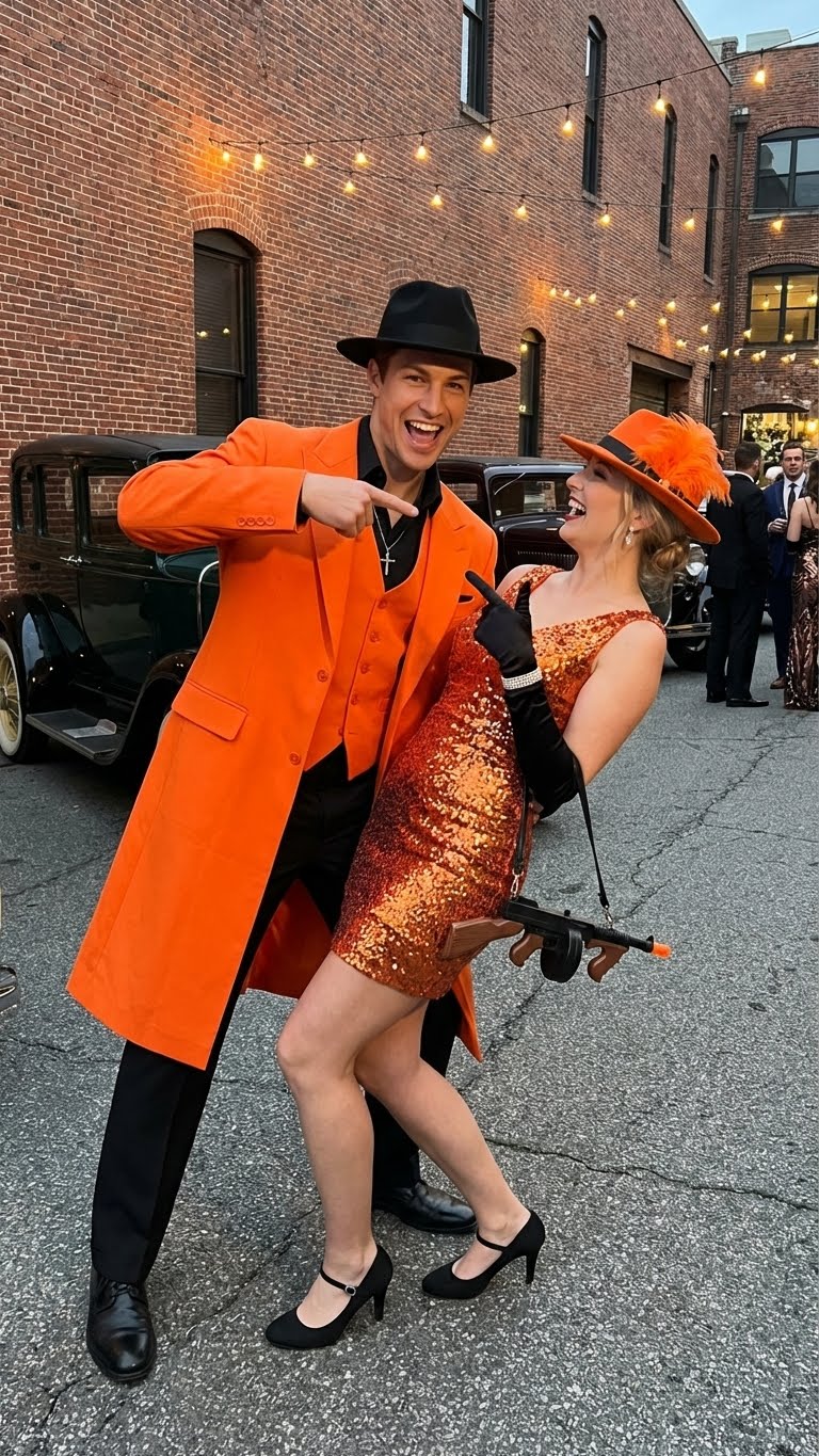 Mens halloween Costume Orange Long Zoot Suit Set With Black Shirt and Black Pants included