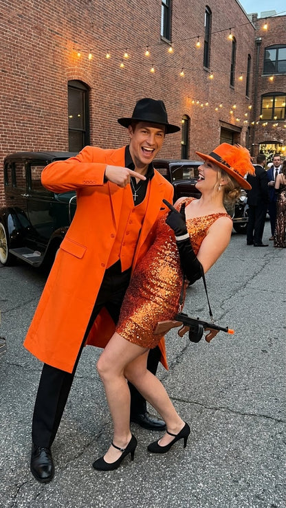 Mens halloween Costume Orange Long Zoot Suit Set With Black Shirt and Black Pants included