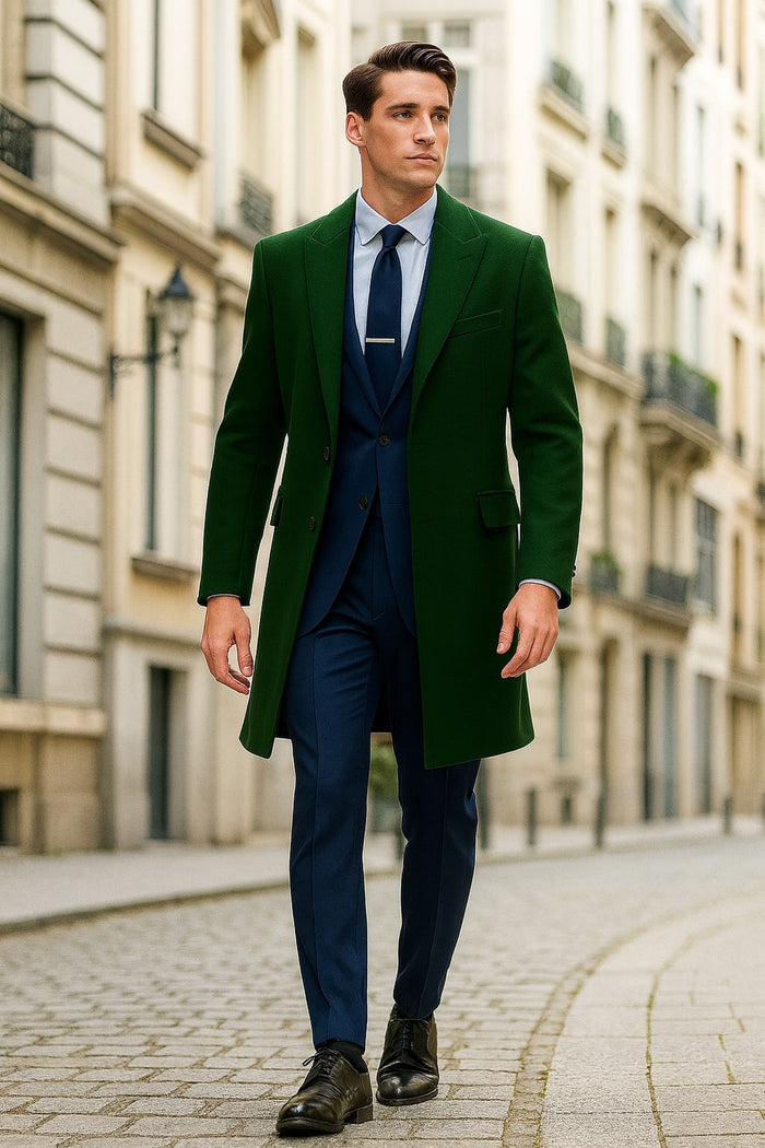 Mens Dark Green Wool Overcoat  Classic Long Coat for Formal and Casual Style