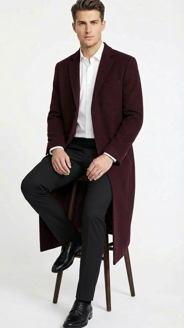 Mens Burgundy Long Coat  Classic Fit Wool Blend Overcoat - Topcoat Full length