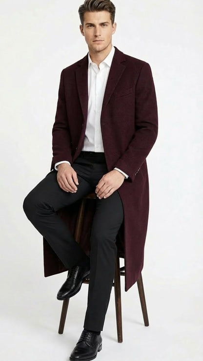 Mens Burgundy Long Coat  Classic Fit Wool Blend Overcoat - Topcoat Full length
