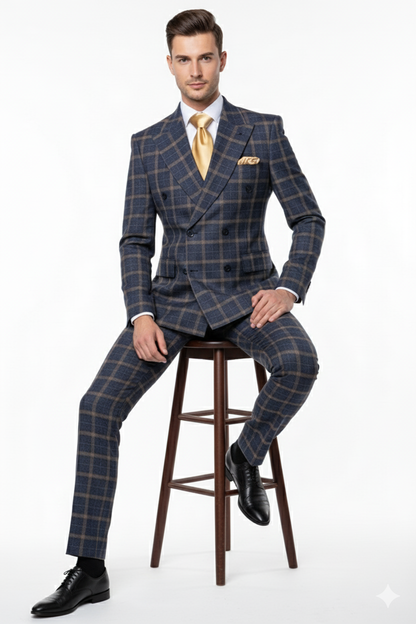 Mens Navy and Tan Windowpane Double-Breasted Suit | Classic 2-Piece Plaid Dress Suit, Business, and Formal Events By Rossiman