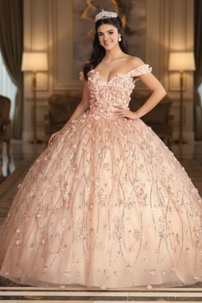 3D Floral Applique Glitter Quince Ball Gown & Plus Size
