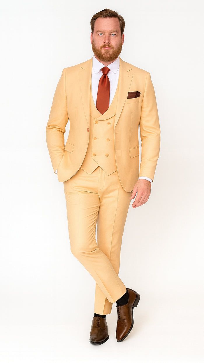 Mens Peach 3-Piece Suit  Double-Breasted Vest, Notch Lapel Blazer, Slim Fit Dress Pants