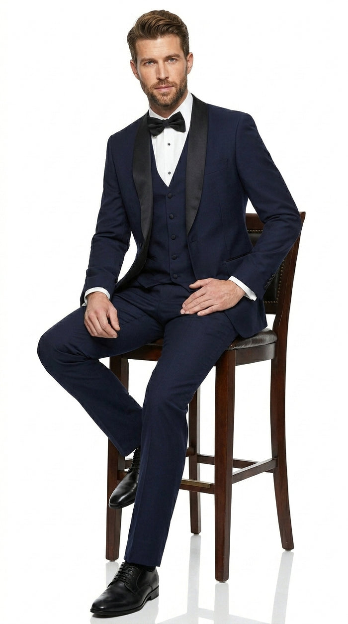 Men’s Navy Blue Vested Wool Tuxedo with 1 Button Jacket, Black Shawl Lapel and Matching Pants